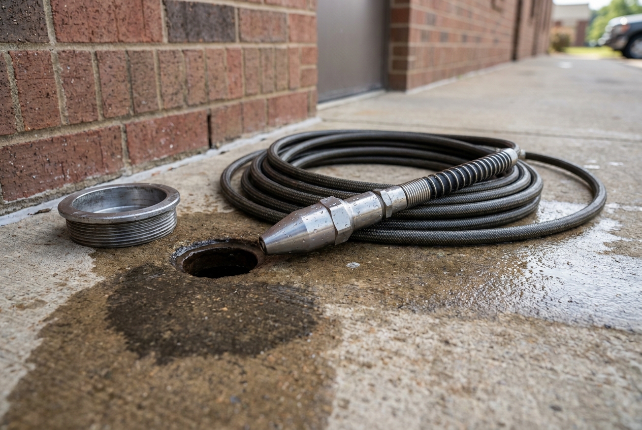Hydro-jetting nozzle and high-pressure hose used to clear a commercial drain