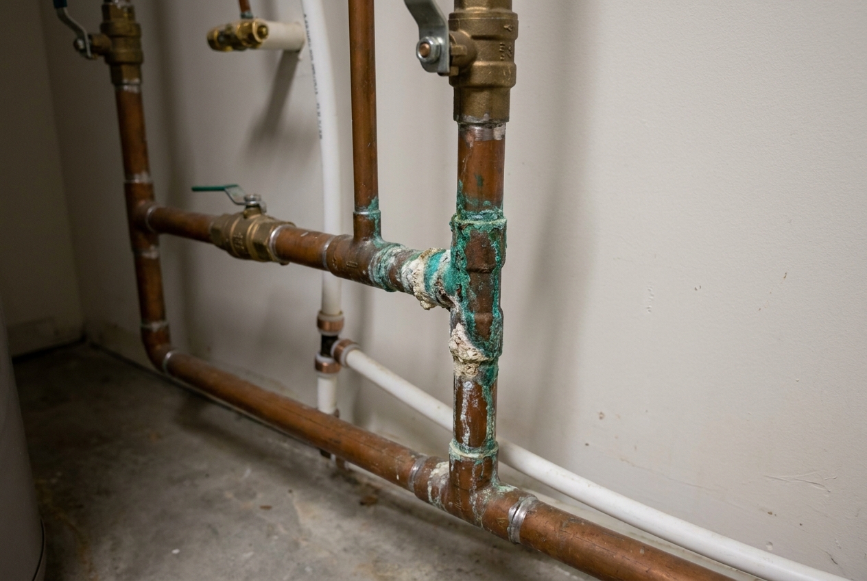 Corroded pipe joint showing early signs of a developing leak