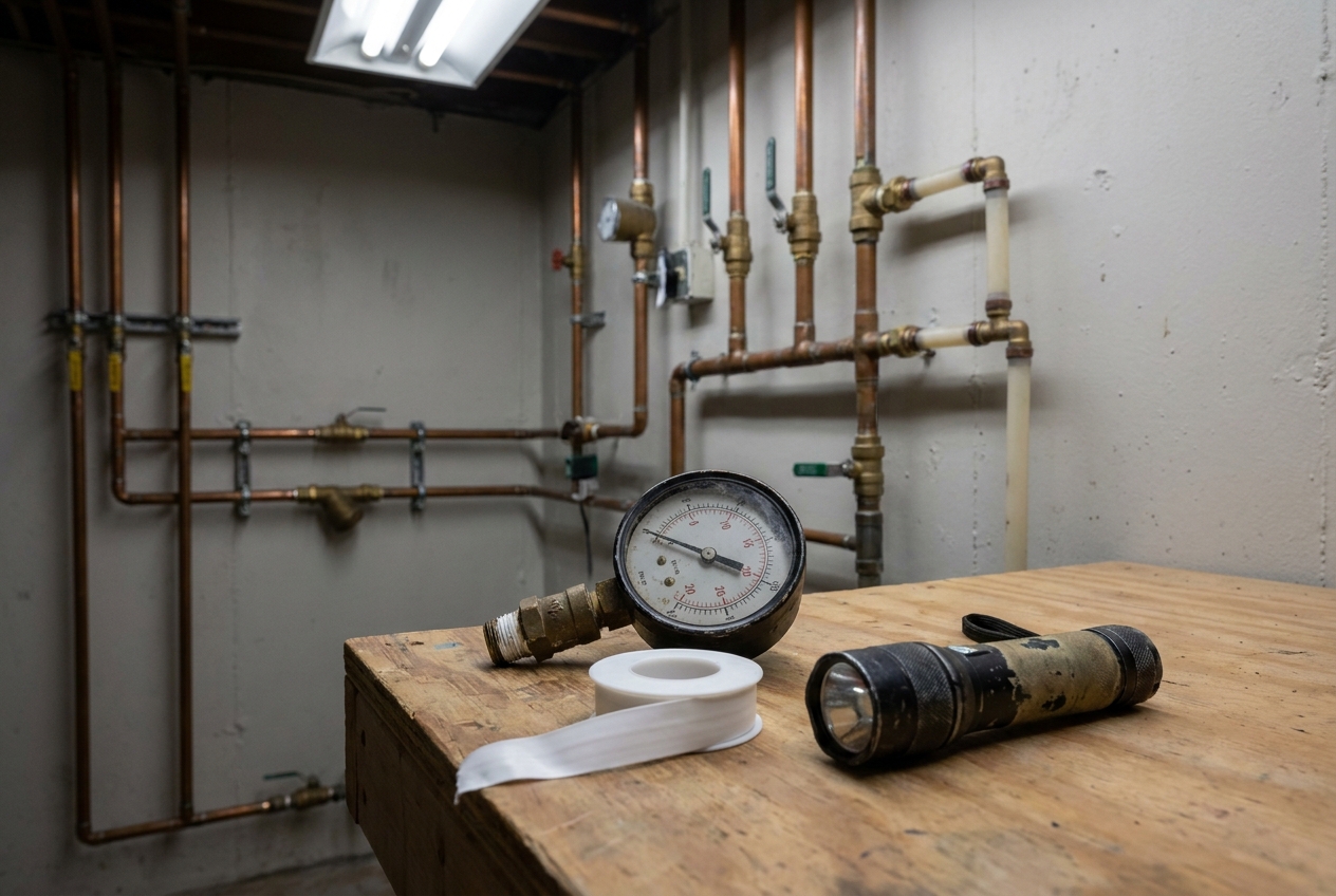 Pressure gauge, thread tape and inspection torch laid out on a workbench