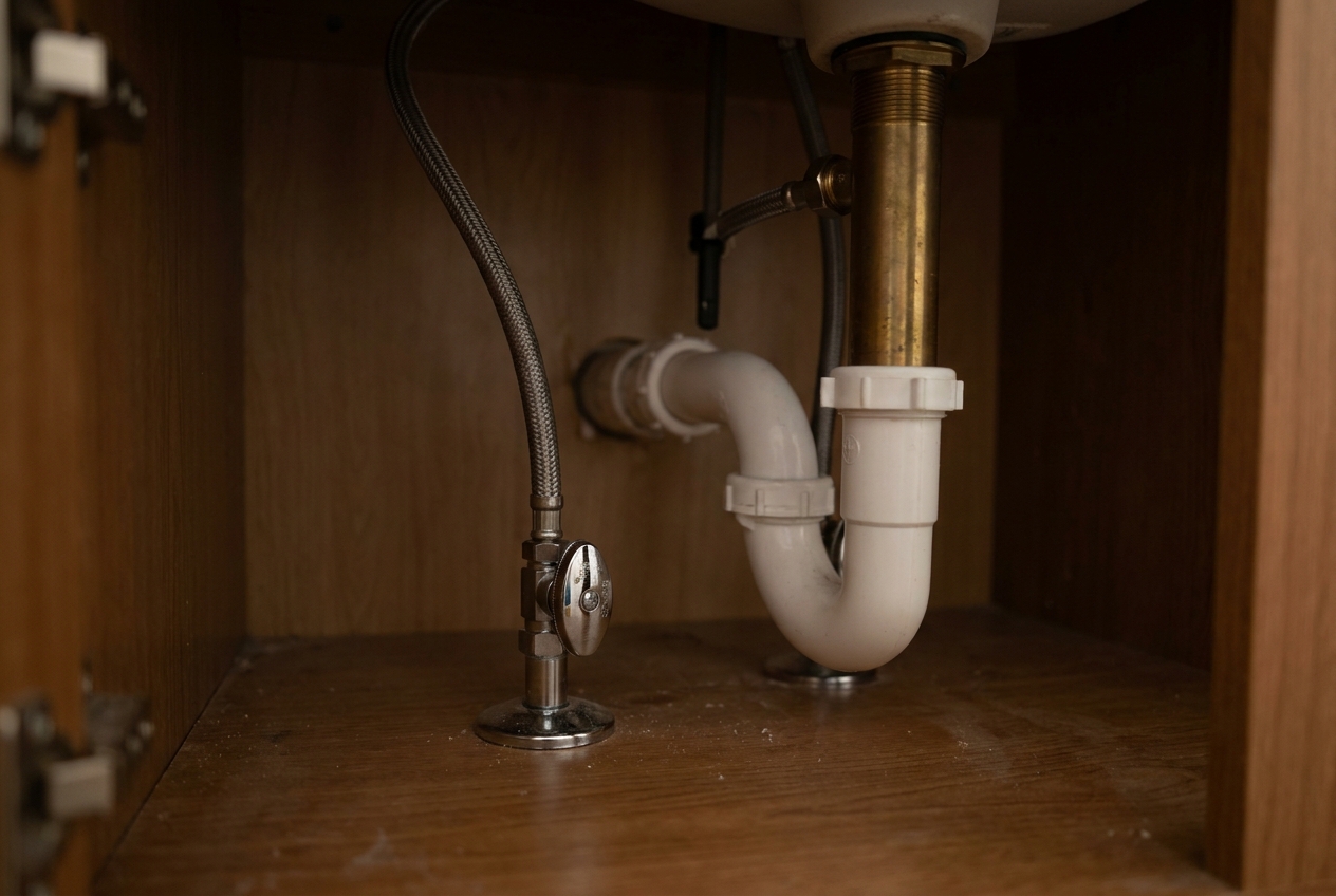 Angle stop and supply line being examined beneath a bathroom sink