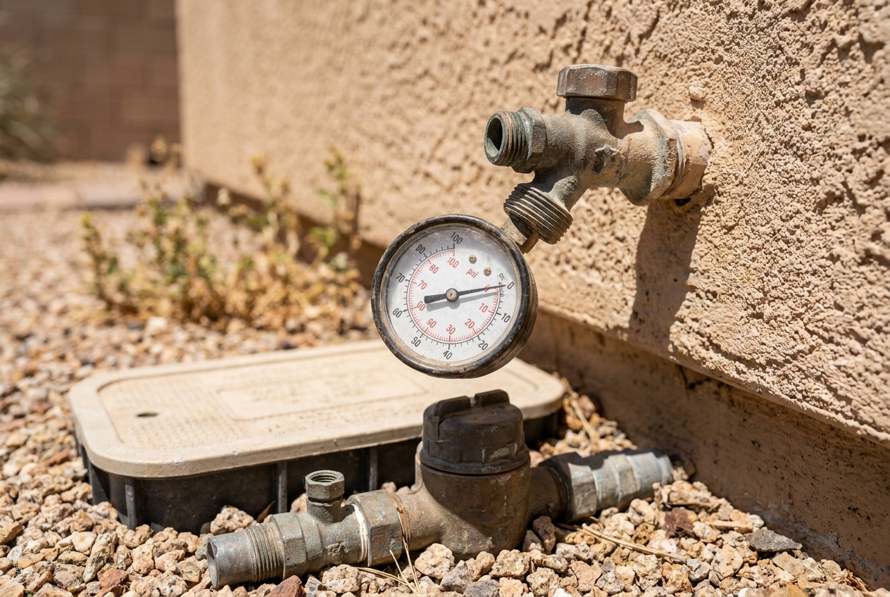 Pressure gauge fitted to a hose bib reading static water pressure