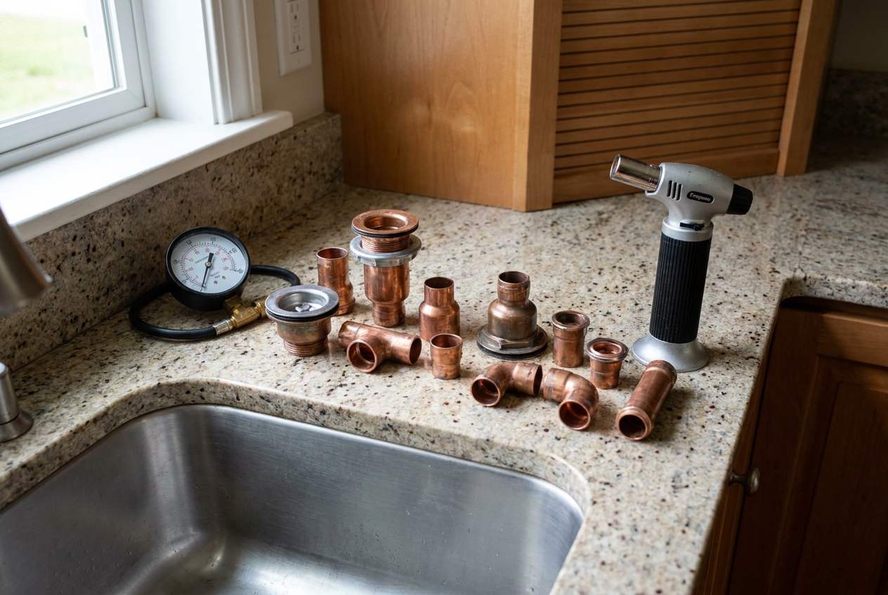 Pressure test gauge, copper fittings and a torch laid out on a kitchen counter