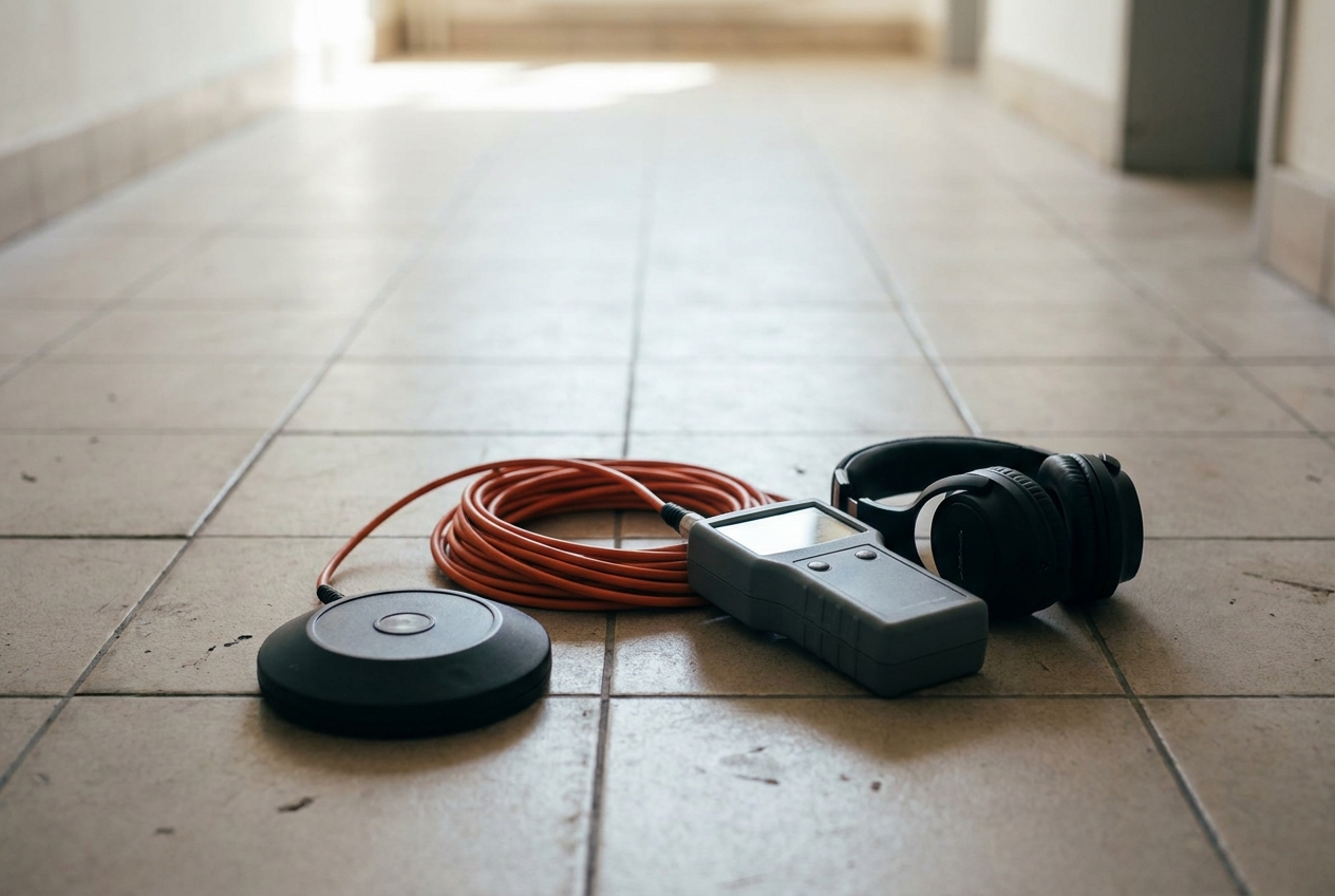 Acoustic leak detection ground microphone and amplifier laid out on a floor