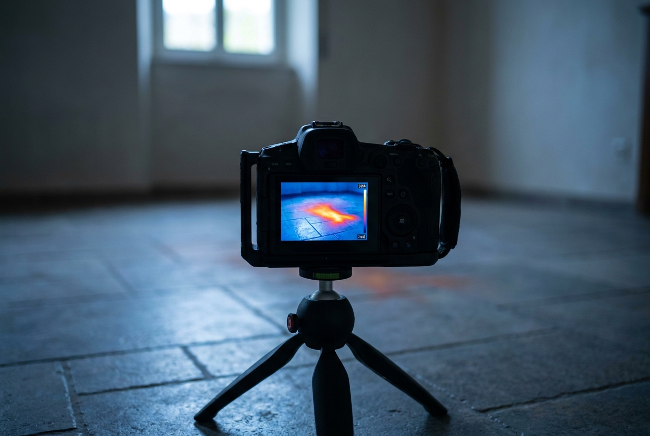 Thermal imaging camera showing a warm plume spreading under floor tile