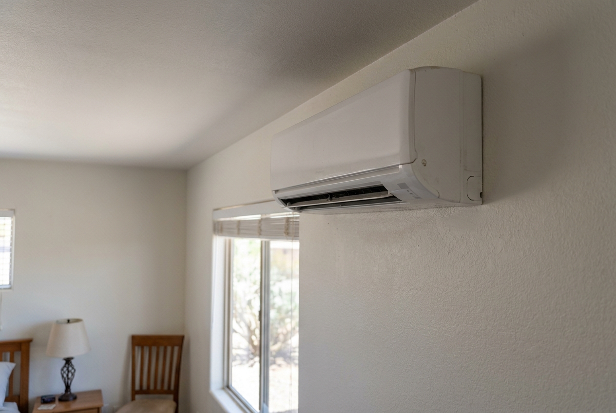 Ductless mini split head mounted high on the wall close to the ceiling