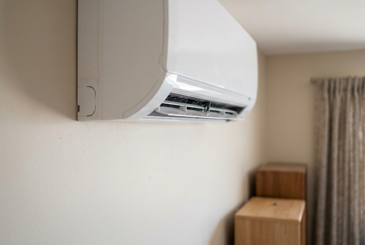 Ductless mini split indoor head running quietly in a bedroom