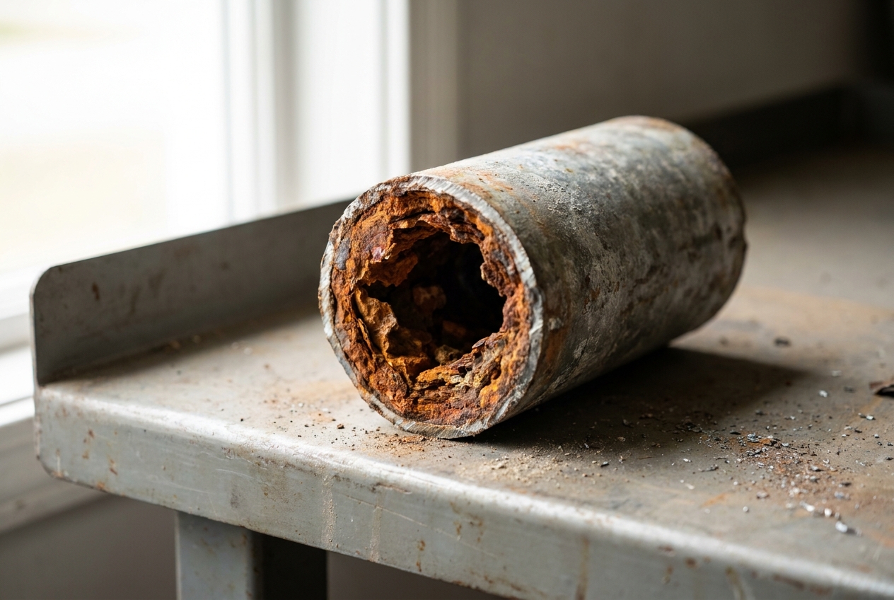 Cut section of galvanized pipe with the bore narrowed by rust and scale
