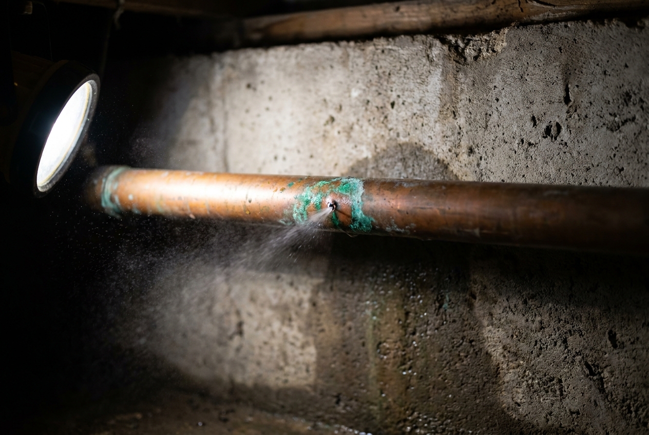 Pinhole leak spraying from a corroded copper water line