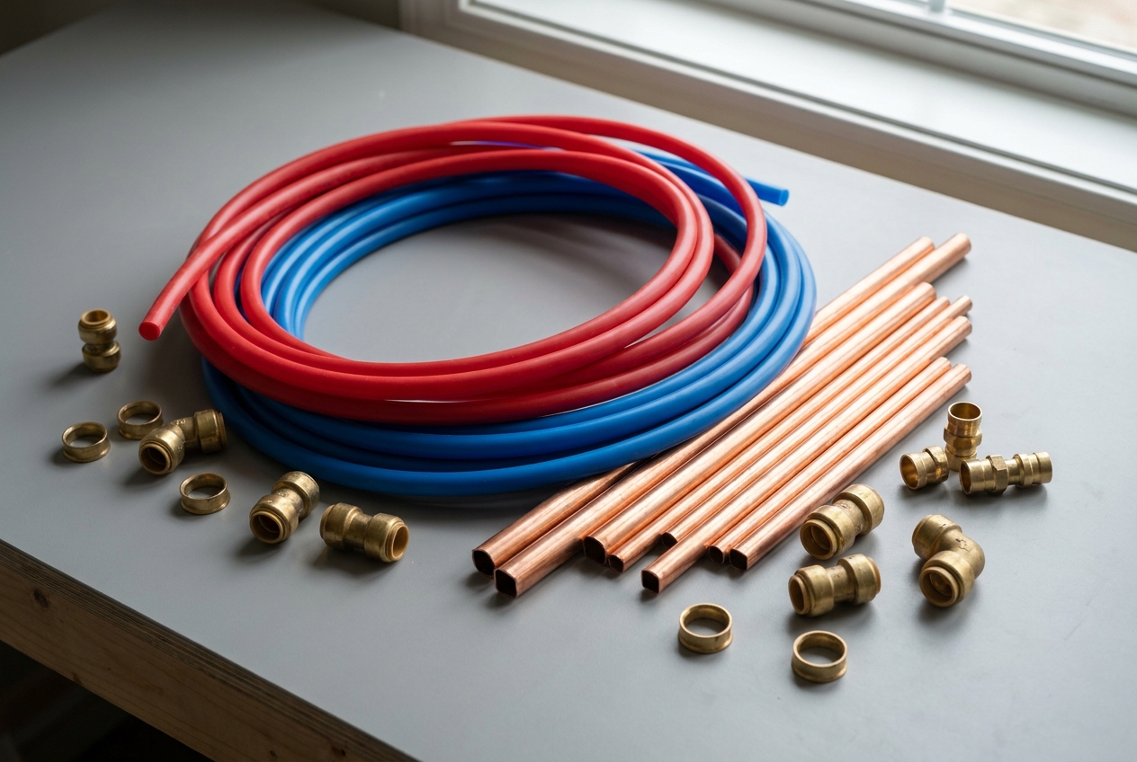 PEX tubing, copper pipe and brass fittings laid out for a repipe