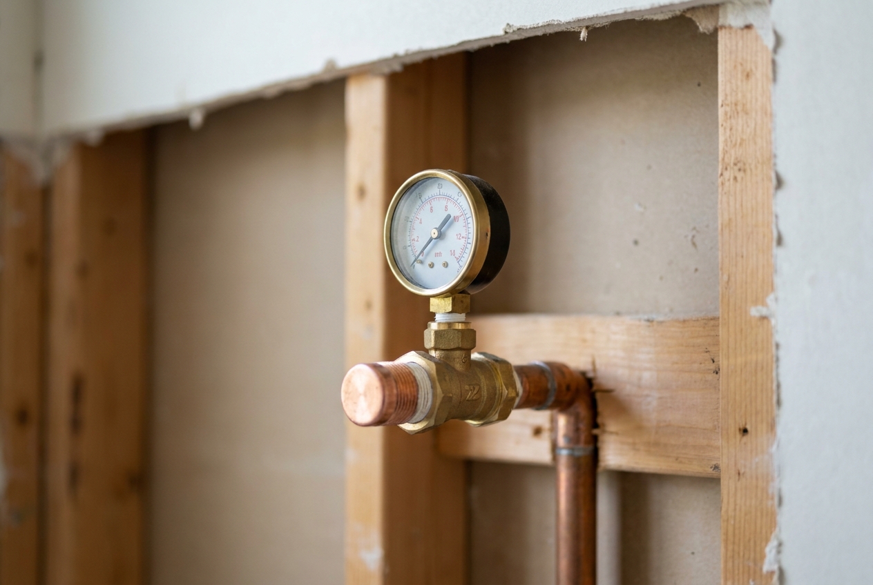 Pressure test gauge holding pressure on a new water line