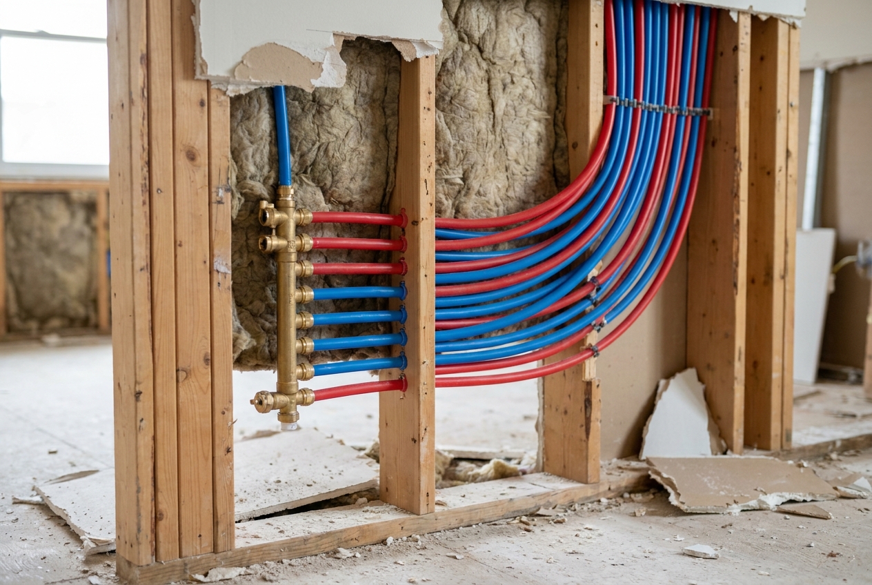 New PEX manifold and supply runs in an open wall cavity