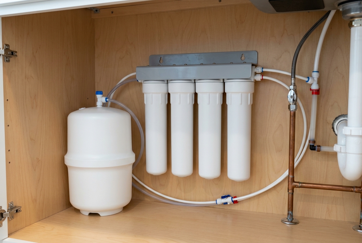 Under-sink reverse osmosis system with membrane housing and filter stages