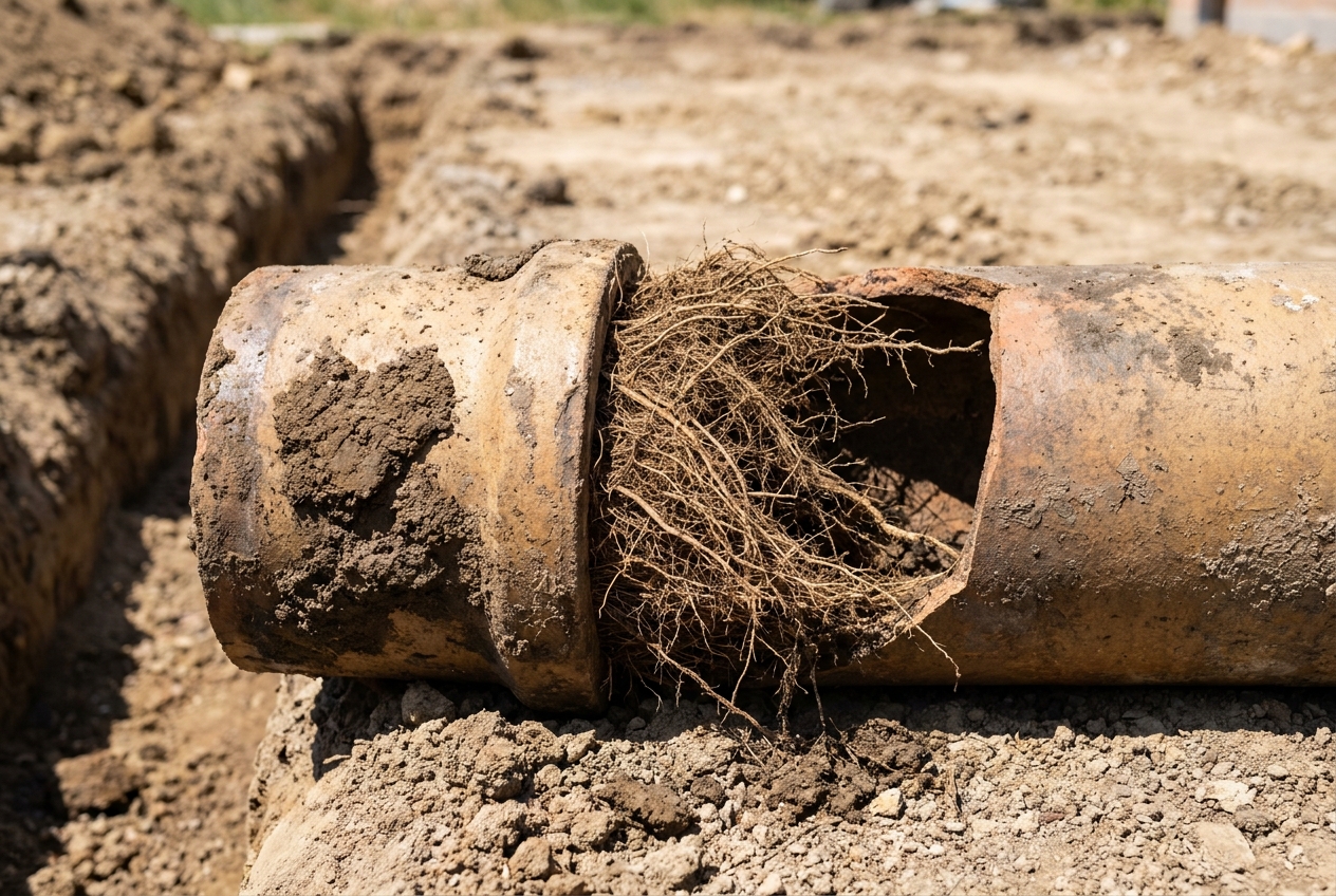 Cutaway clay sewer pipe with tree roots grown through the joint