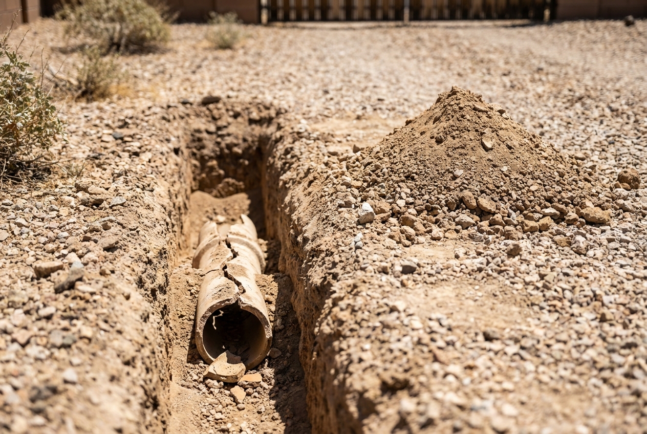 Narrow excavation exposing a cracked sewer pipe section