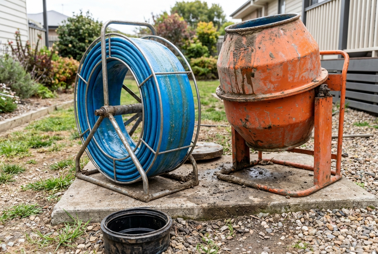 Trenchless pipe lining equipment beside an open sewer cleanout