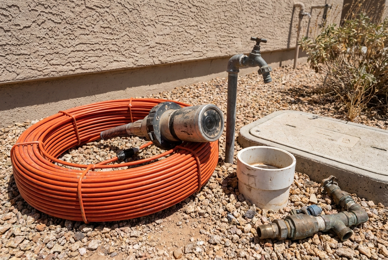 Self-levelling sewer camera head and transmitter on its push rod