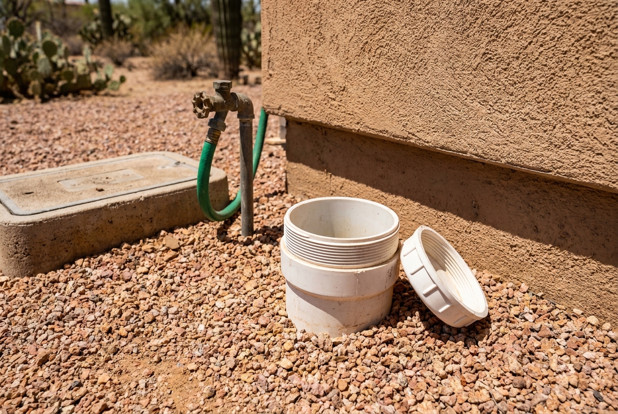 Open sewer cleanout riser and cap set in desert gravel
