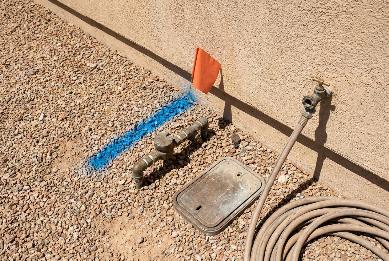 Marker paint and a locating flag on desert gravel above a traced sewer run