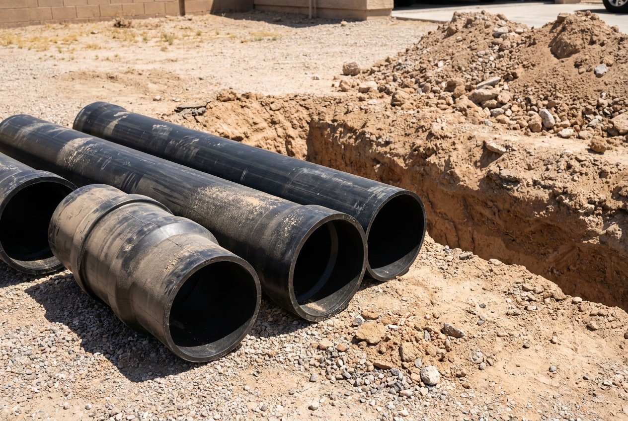 New HDPE sewer pipe sections and a fused coupling before installation