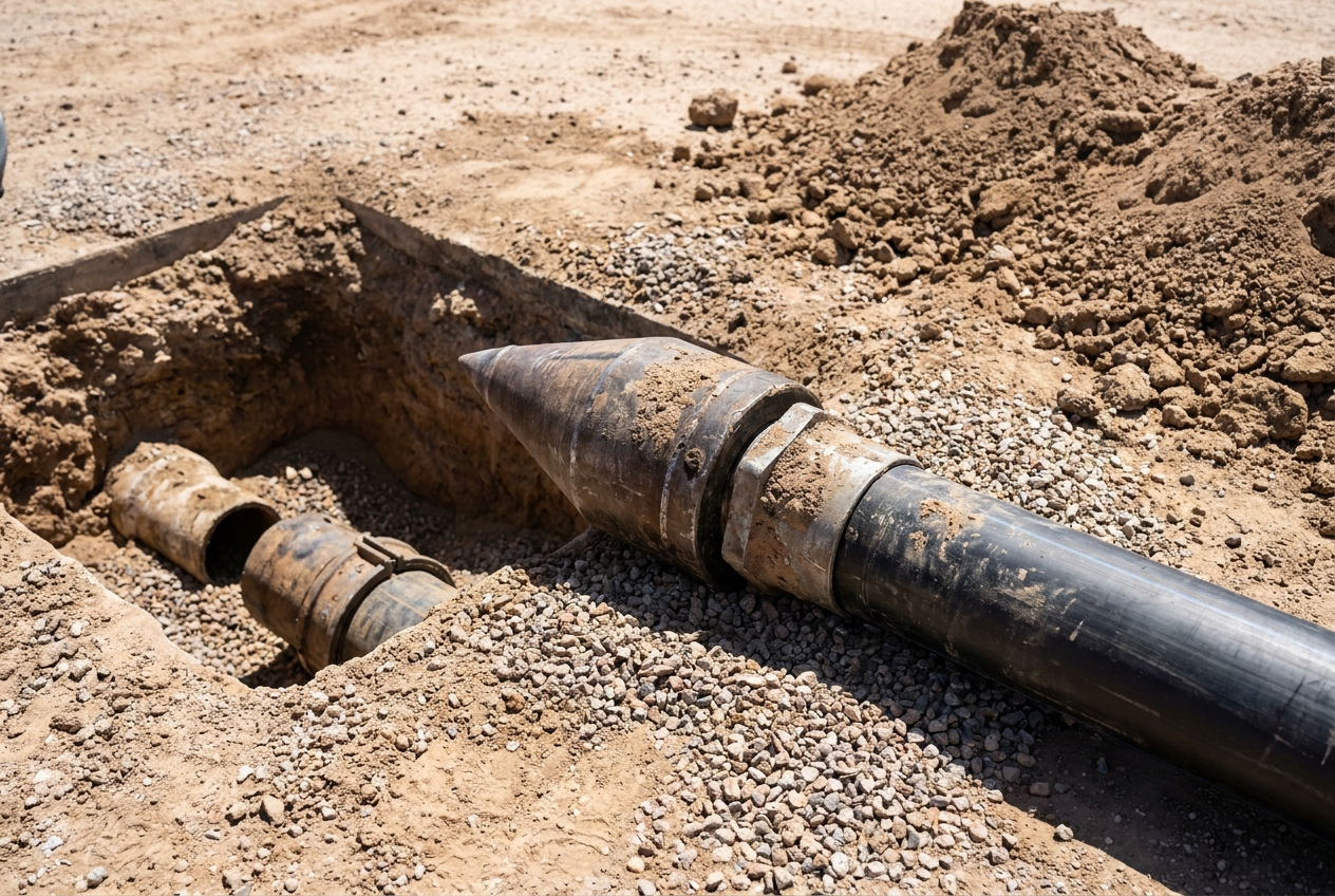 Pipe bursting head and new HDPE sewer pipe at a trenchless access pit