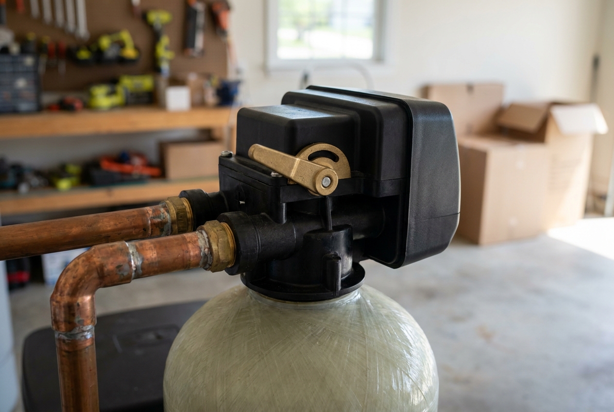Water softener control valve head and bypass valve on the main line