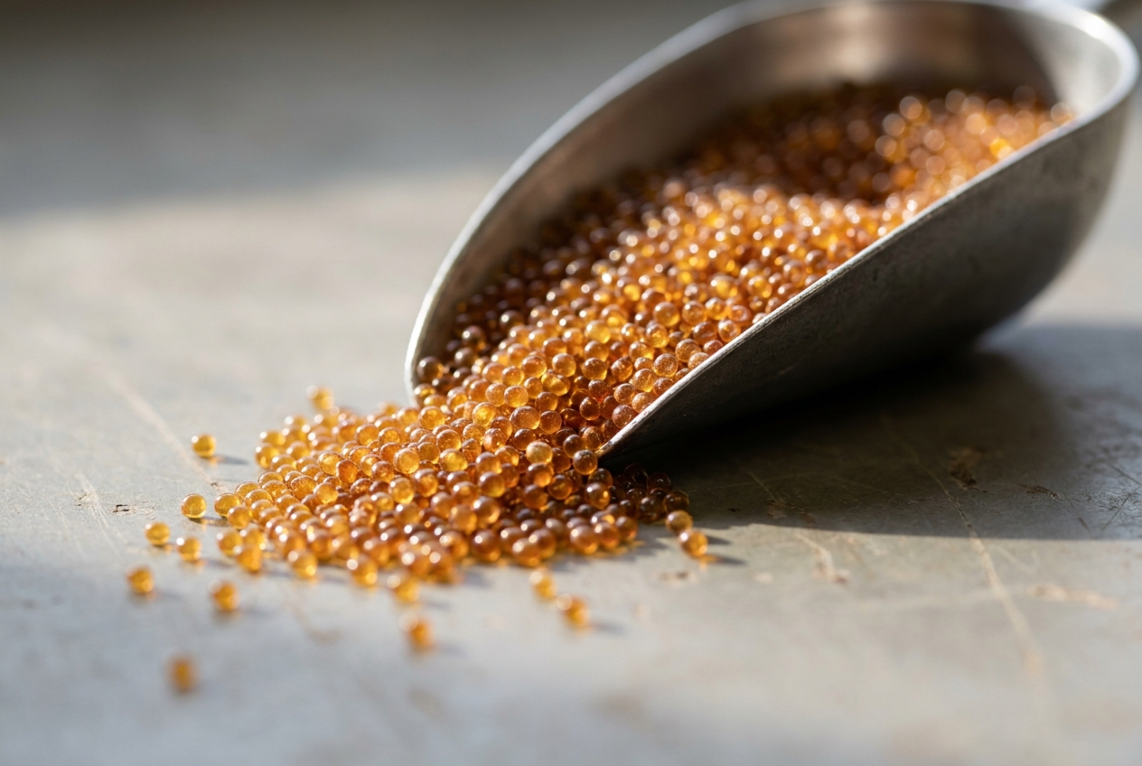 Ion exchange resin beads used inside a water softener tank