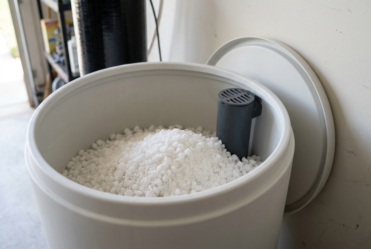 Open brine tank of a water softener filled with salt pellets