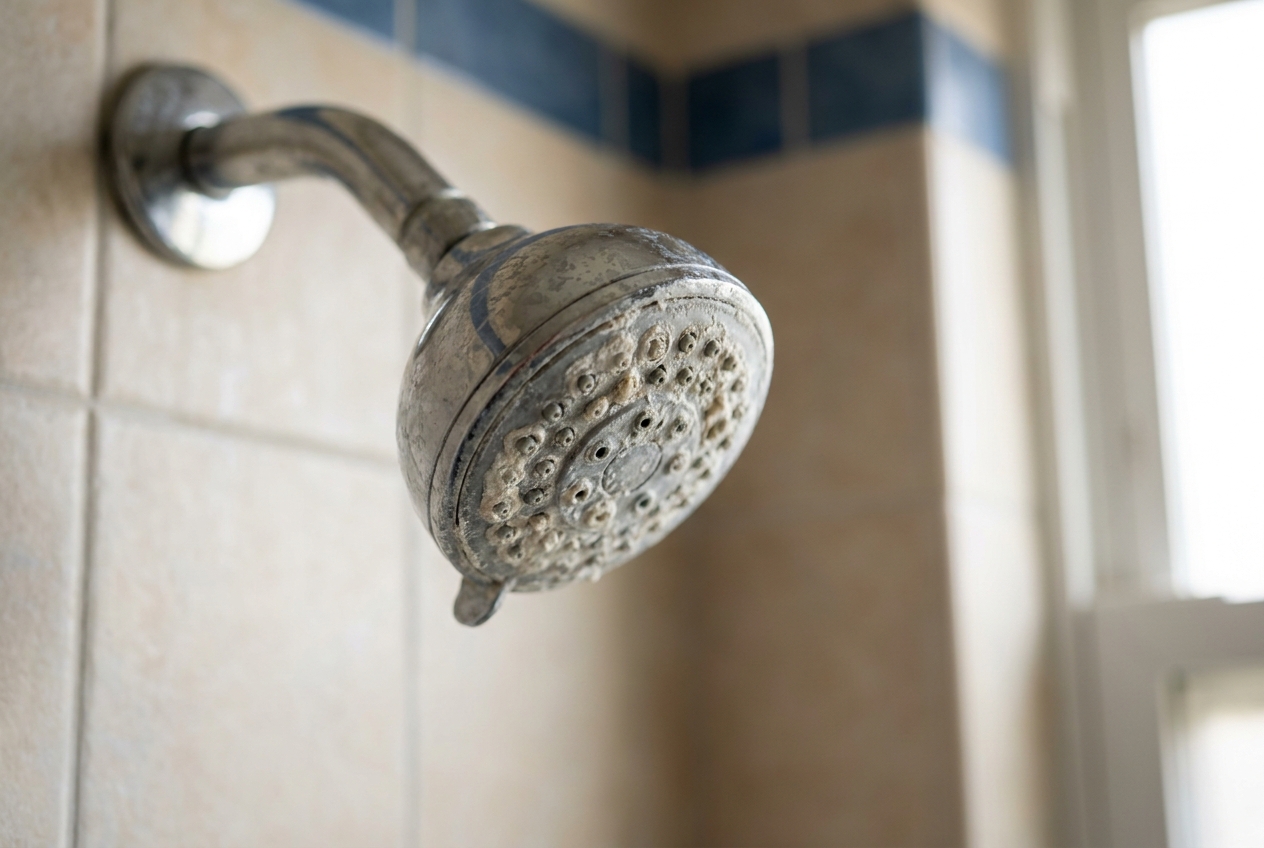 Chrome showerhead crusted with hard water scale
