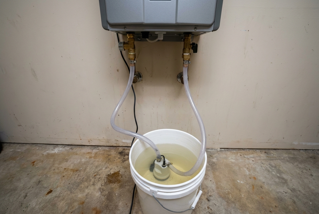 Tankless water heater being descaled with a flush kit and bucket