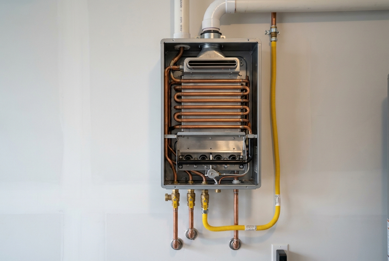 Interior of a tankless water heater showing the heat exchanger and gas connections
