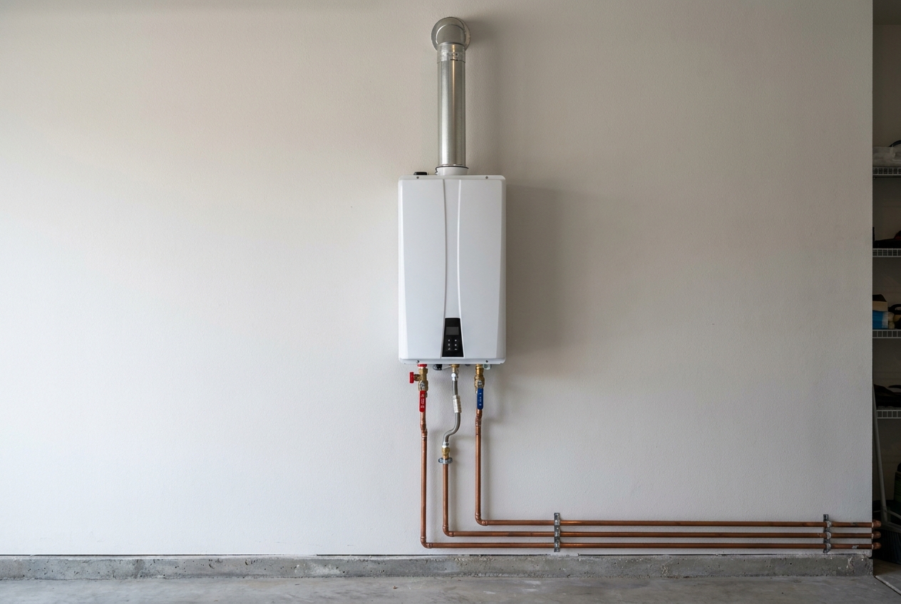 Completed tankless water heater installation on a garage wall