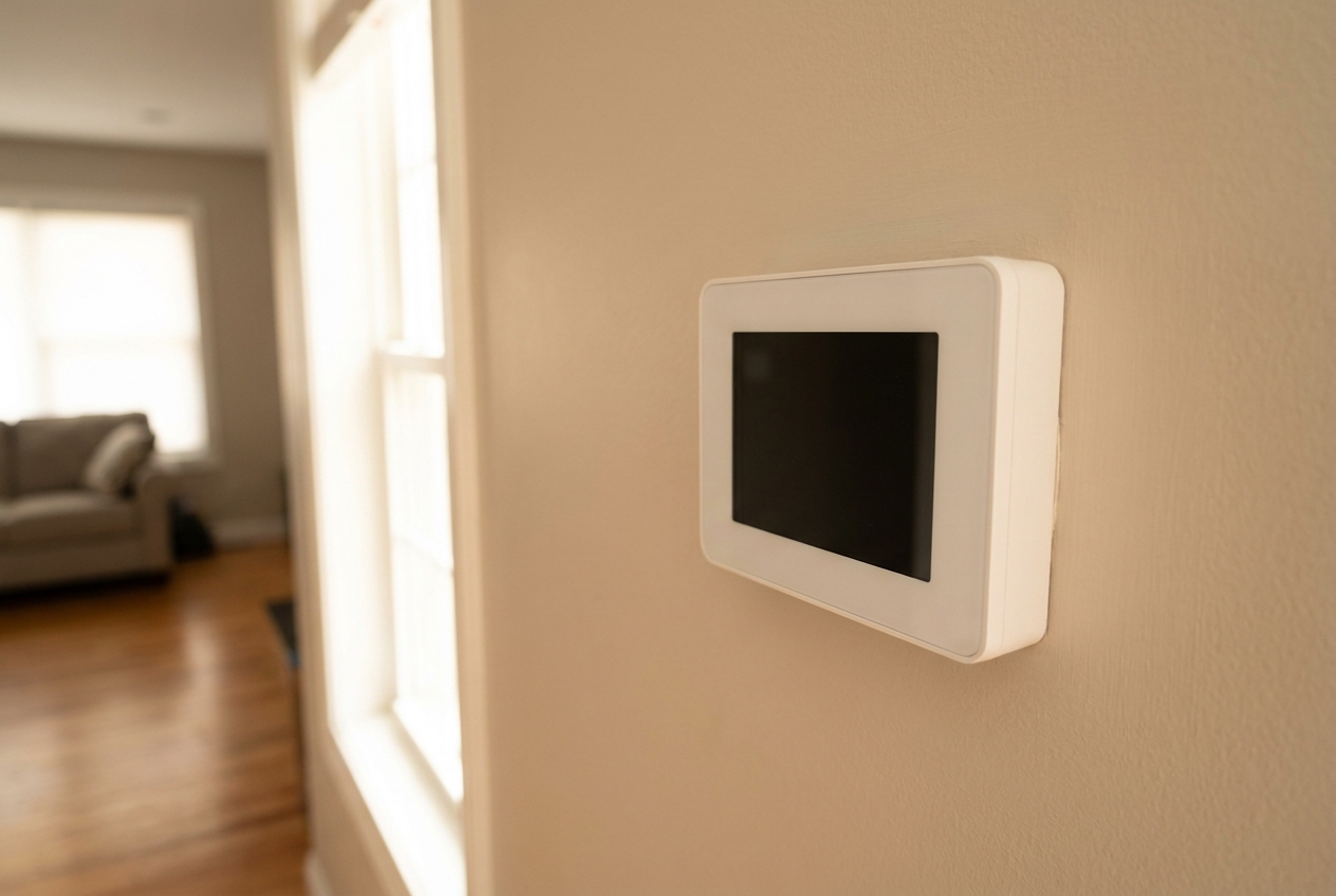 Wall-mounted digital thermostat in a home hallway