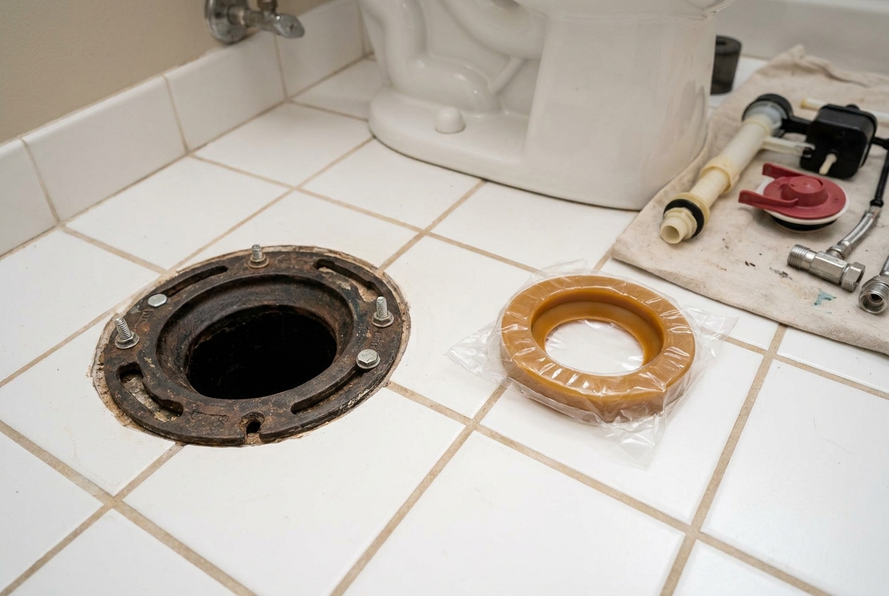 Closet flange and wax ring seal at a toilet drain opening in a tiled floor