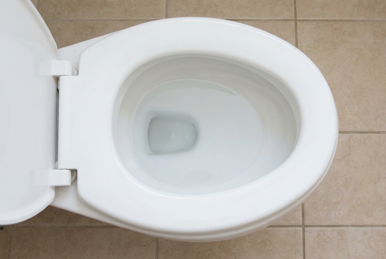Clear water at the correct level in a clean toilet bowl