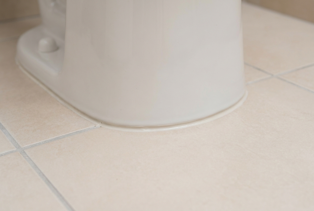 Base of a toilet sealed cleanly against dry tile flooring