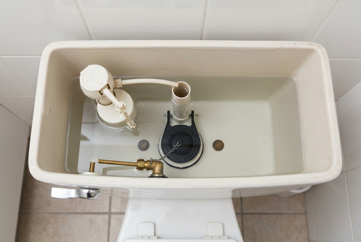 Water sitting at the correct fill line inside a clean toilet tank