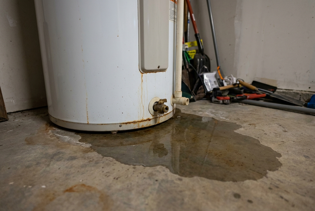 Water pooling at the base of a corroded residential water heater