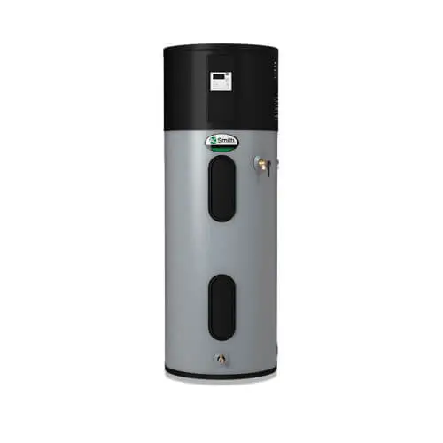 Grey and black A. O. Smith heat pump water heater photographed against a white background