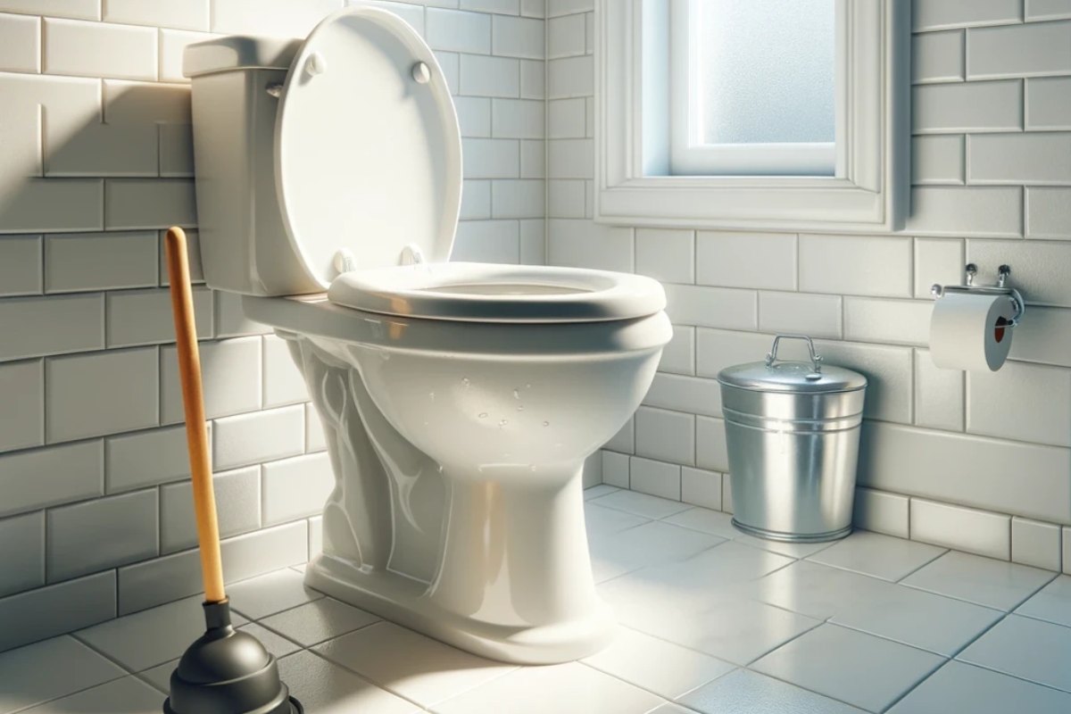 Two-piece toilet installed in a white tiled bathroom
