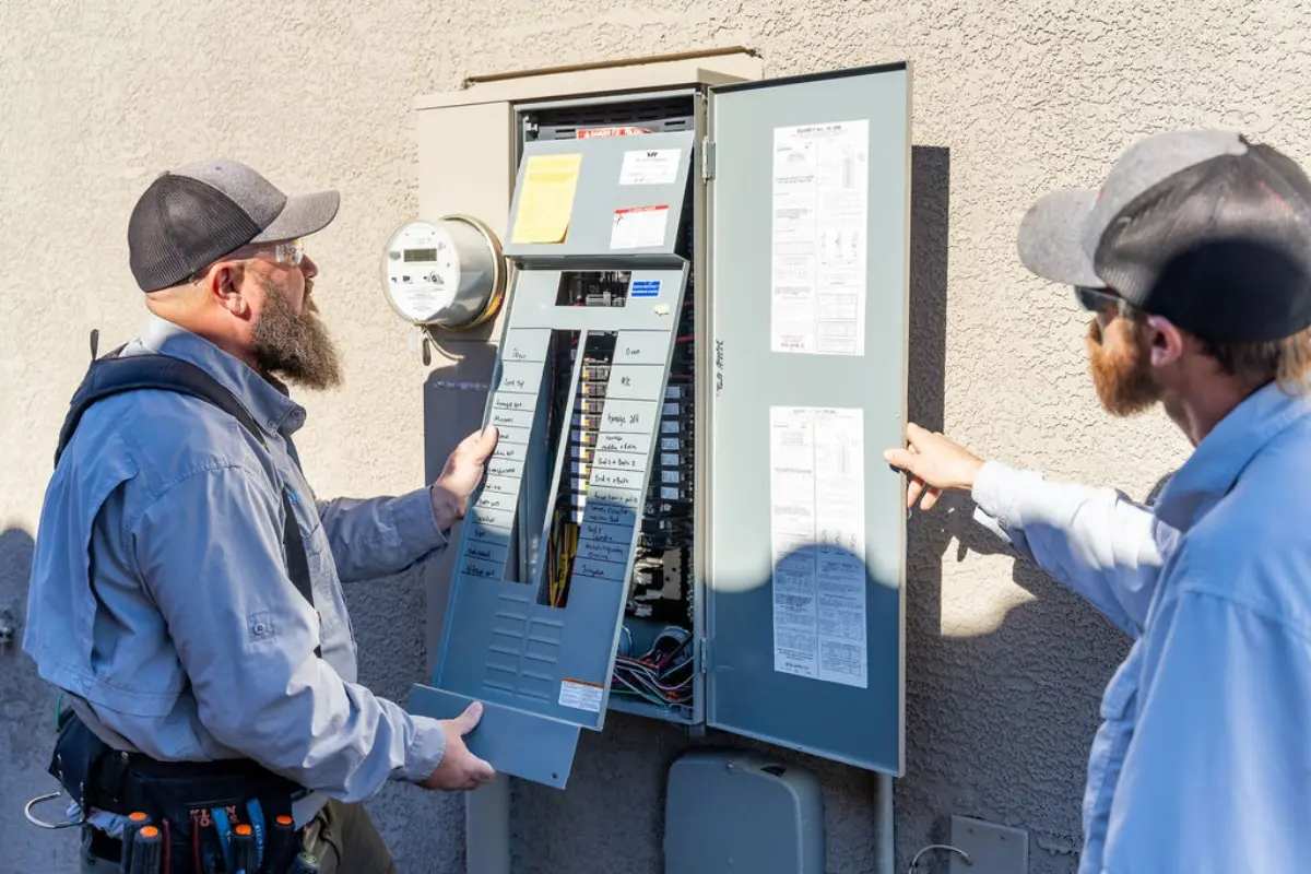 Two technicians holding the dead front cover off a residential breaker panel, meter and labelled circuit directory visible