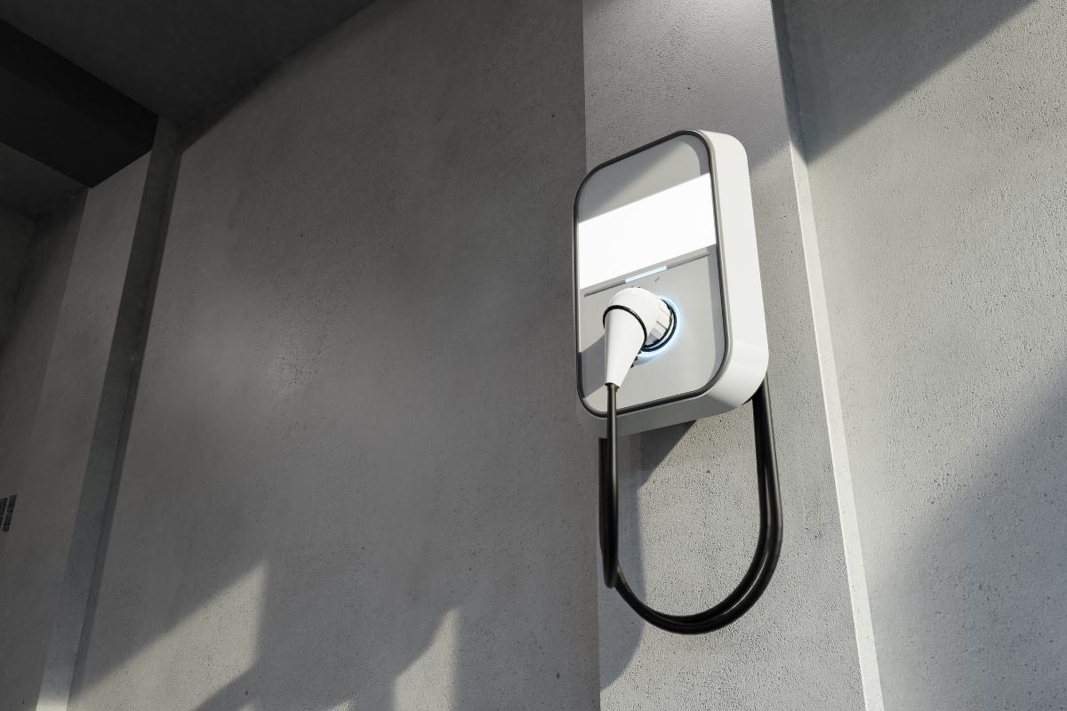 White wall-mounted EV charging unit on a grey concrete wall with its connector docked and the black cable looped below